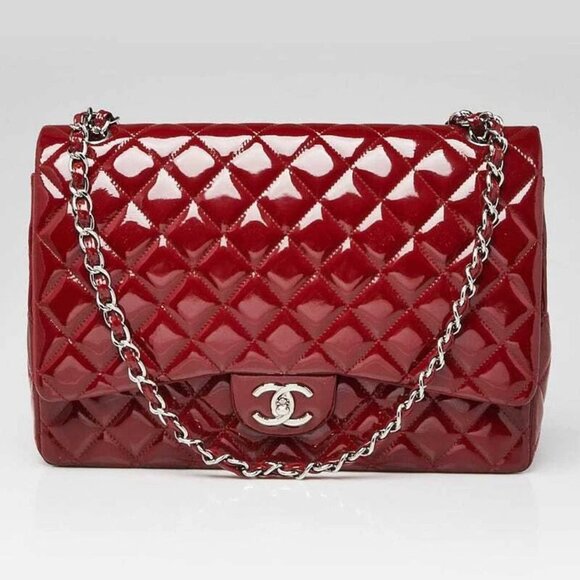 Chanel Red Quilted Patent Leather Classic Maxi Double Flap Bag - Picture 8 of 11